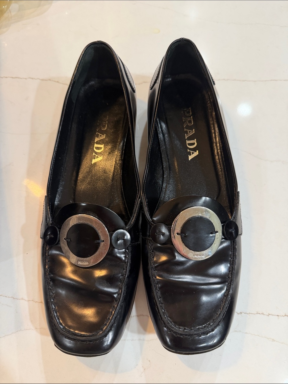 VINTAGE Prada Y2K Black Spazzolato Leather Round Buckle Loafers IT 37